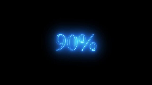 Glowing blue neon ninety percent sign on black background 90 percent percentage
