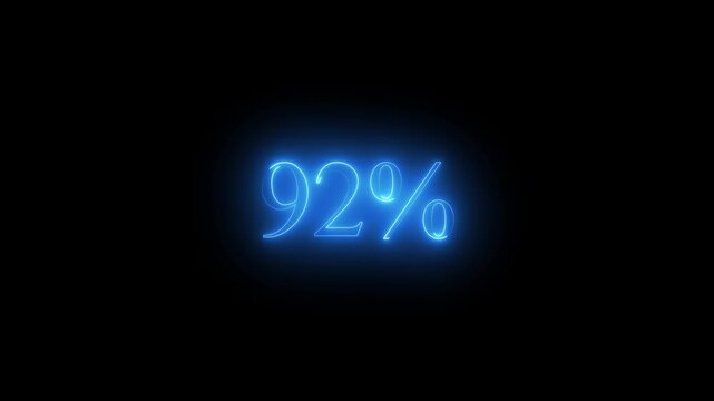 Glowing blue neon ninety two percent sign on black background 92 percent percentage