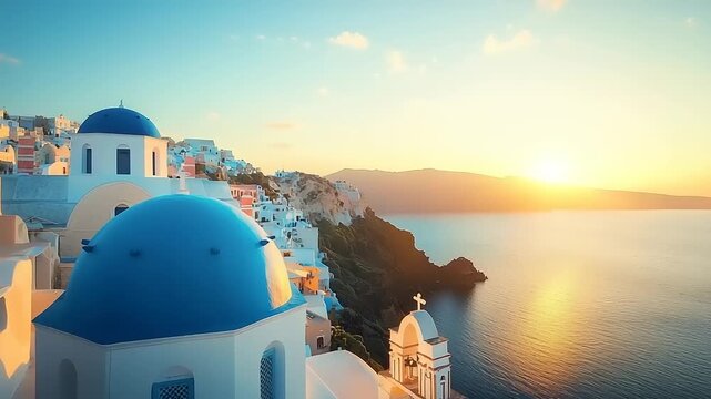 Whitewashed buildings with blue domes overlooking ocean at sunset