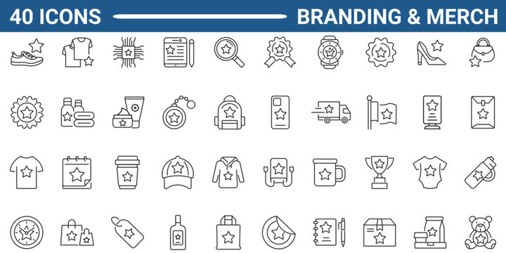 Branding, merch  line icon set. Outline icon collection. Editable stroke. Vector illustration