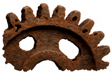 Rusty old industrial gear isolated on transparent background symbolizing decay, vintage mechanics, and steampunk concepts