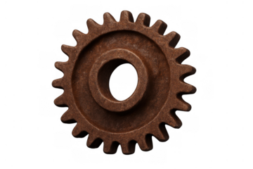 Rusty metal gear on transparent background, showing industrial mechanism, engineering, and steampunk concept