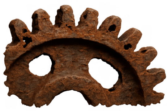 Rusty old industrial gear isolated on transparent background symbolizing decay, vintage mechanics, and steampunk concepts