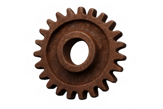 Rusty metal gear on transparent background, showing industrial mechanism, engineering, and steampunk concept