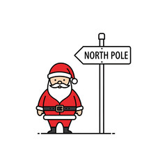 A cartoon Santa Claus stands next to a sign pointing to the North Pole, featuring a simple line art style with flat colors.