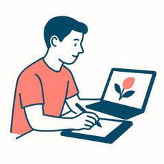 Young man intently engaged in creating digital illustration. He uses laptop and graphic tablet, drawing flower on screen with stylus, expressing contentment and artistic dedication