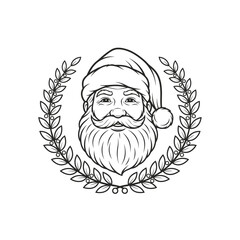 Black and white illustration of Santa Claus with a long beard and a wreath.