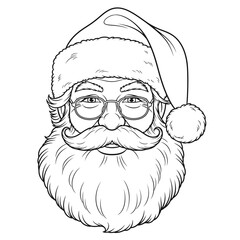 Black and white illustration of Santa Claus's face, with glasses and a fluffy beard.