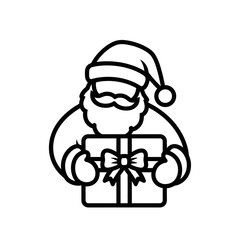 A simple black and white line art icon of Santa Claus holding a wrapped gift with a bow.