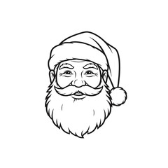 A black and white illustration of Santa Claus's face, featuring his iconic hat, beard, and mustache.