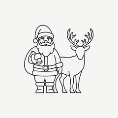 A charming black and white illustration of Santa Claus standing next to a reindeer, perfect for holiday designs.