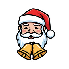 Cartoon illustration of Santa Claus with a red hat and white beard holding golden bells.