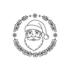 A black and white line art illustration of Santa Claus's face inside a festive Christmas wreath with holly and snowflakes.