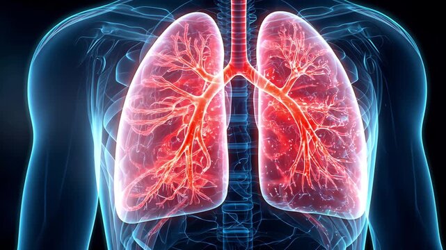 Anatomical human chest showing detailed view of glowing red lungs and respiratory system