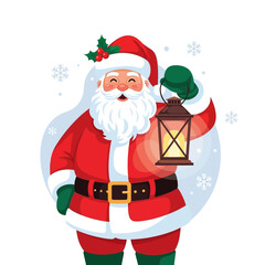 A cheerful cartoon illustration of Santa Claus holding a glowing lantern during a snowy Christmas.