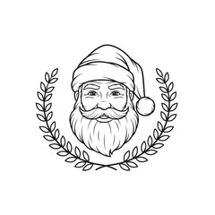 Black and white line art illustration of Santa Claus head with hat, beard, and mustache, framed by a laurel wreath, vintage emblem style.