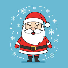 Cute cartoon Santa Claus character smiling with snowflakes on a blue background.