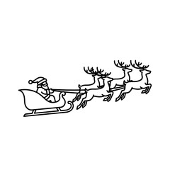 A black and white line drawing of Santa Claus in his sleigh being pulled by reindeer.