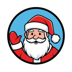 A cartoon illustration of Santa Claus waving hello in a circular frame.