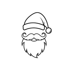 Black and white illustration of Santa Claus's hat, mustache, and beard, festive holiday design.