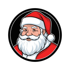 Vector illustration of a smiling Santa Claus head in a classic red hat, set within a black circular frame.