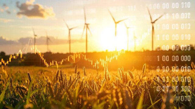 Golden sunset over a field with wind turbines and overlaid financial data, symbolizing renewable energy investment. - Powered by Adobe
