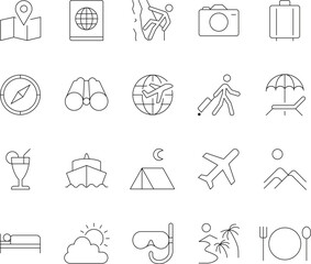Collection of travel and transportation themed line icons with editable stroke for digital and print use