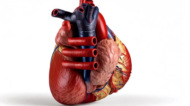 Detailed realistic human heart anatomy model showing arteries veins and chambers on white