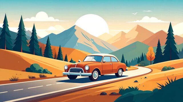 A vintage orange car drives on a winding road through a scenic mountain landscape with pine trees and a large sun.