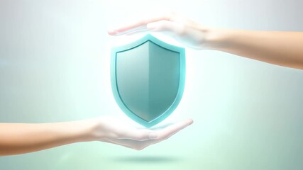 Two hands carefully protect a glowing shield icon, symbolizing security, insurance, data safety, and defense