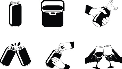 Beverage Vector Icons of Soda Can, Cooler, Toasting Glasses, Hand Gestures, Celebration, Drink Motion, Party, Refreshment, and Cheers