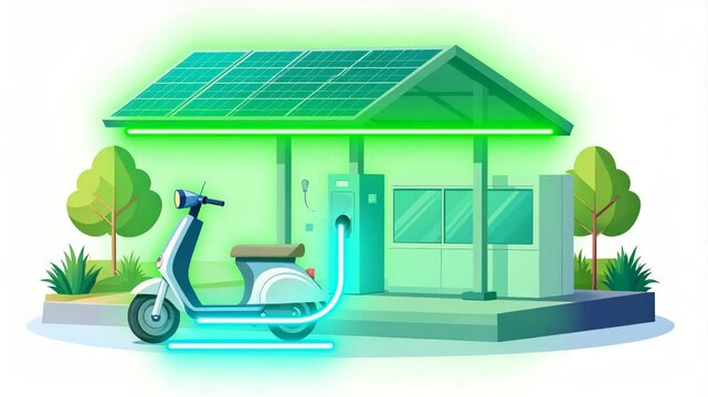 Electric scooter charging at a solar-powered station, promoting green energy and sustainable transport.