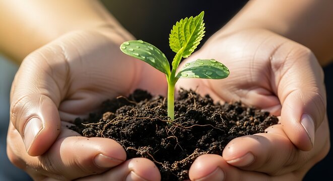 Close-up photograph of a young green sprout growing from dark soil held by two hands