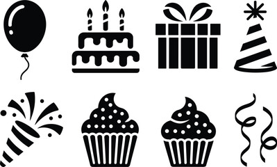  Birthday party celebration icons set with cake, cupcake, balloon, confetti, gift box, and party hat vector illustration design.