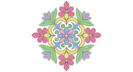 A colorful floral mandala design with pastel pink, purple, yellow, and blue elements arranged symmetrically.
