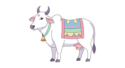 A detailed illustration of a white cow with a colorful blanket, a bell, and a red dot on its forehead.