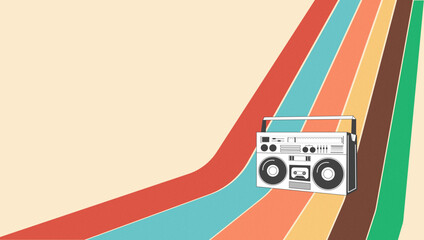 Retro Boombox On Colorful Rainbow Stripes – Vintage Music Vibe Illustration