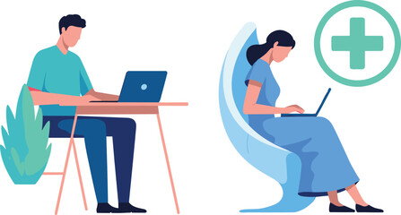 Remote work illustration, telemedicine concept, online healthcare consultation, modern flat design, people using laptops, digital health service, teamwork, technology, communication, wellness, 