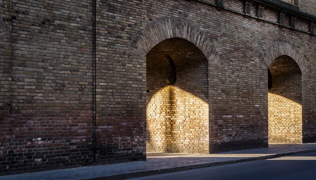 Historic Brick Wall with Arched Openings and Sunlight Shadows - Powered by Adobe