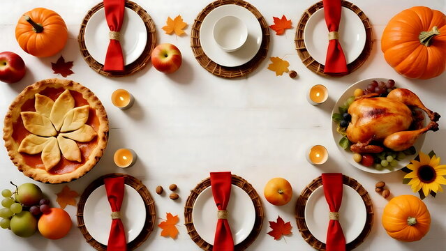 Festive thanksgiving table setting with roasted turkey, pumpkin pie, and autumn decorations creating a warm and inviting atmosphere for a holiday celebration. - Powered by Adobe