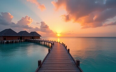 Fototapeta premium Sunset on Maldives island, luxury water villas resort and wooden pier. Beautiful sky and clouds and beach background for summer vacation holiday and travel concept. High quality