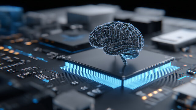 Digital brain above a chipset as a holographic model, conveying artificial intelligence cognition linked to hardware for advanced analytics and decision making.
