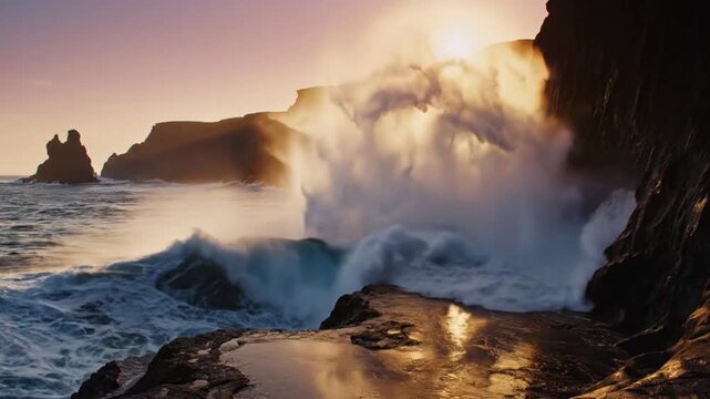 Ocean Waves Crashing Against Rocks at Sunset A Majestic Coastal Scene
