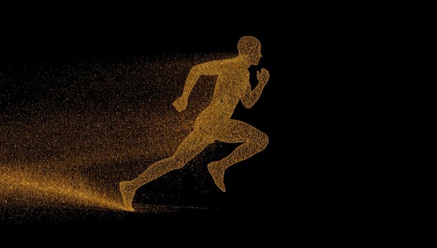 Glowing silhouette of a person running with motion blur effect on black background.
