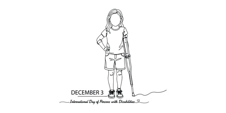 Minimalist line art of a person with a prosthetic leg using a crutch, standing confidently with one hand on the hip. Includes the text “December 3 – International Day of Persons with Disabilities.” - Powered by Adobe