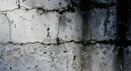 Weathered concrete wall with cracks and moss growth