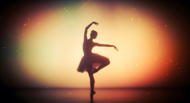 Silhouette of a ballerina performing an arabesque against a vibrant sunset sky