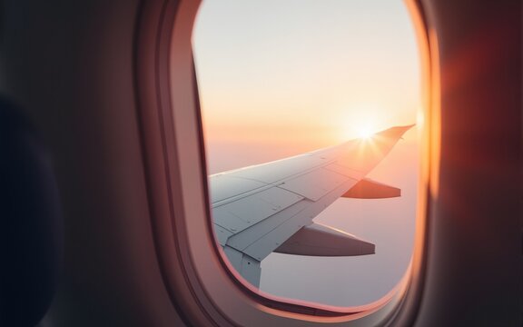 Stylish airplane wing viewed through a clean cabin window at sunrise, symbolizing refined travel elegance. LinkedIn banner format image. High quality