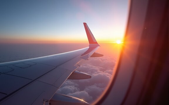 Stylish airplane wing viewed through a clean cabin window at sunrise, symbolizing refined travel elegance. LinkedIn banner format image. High quality