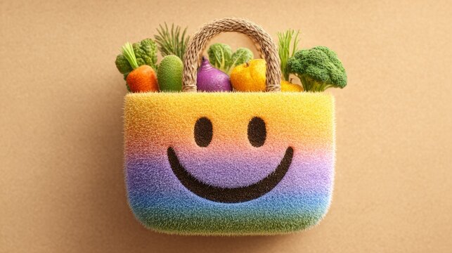 Fuzzy smiley face shopping bag with vegetables, colorful, cheerful healthy grocery shopping